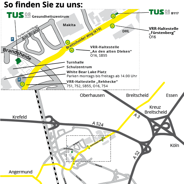 Karte mit Wegbeschreibung zum TUS 08, Haltestellen, Parkplätzen und wichtigen Orten in der Umgebung.
