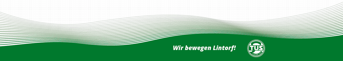 Grafik mit wellenförmigem grün-weißem Design und dem Text „Wir bewegen Linthoff“ sowie dem TUS-Logo.