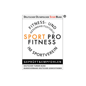 Logo des Deutschen Olympischen Sportbundes mit dem Text „SPORT PRO FITNESS“ und den Hinweisen „Geprüft & Empfohlen“.