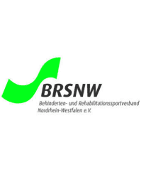 Logo des BRSNW mit grünem, geschwungenem Symbol und Text: „Behinderten- und Rehabilitationssportverband Nordrhein-Westfalen e.V.“